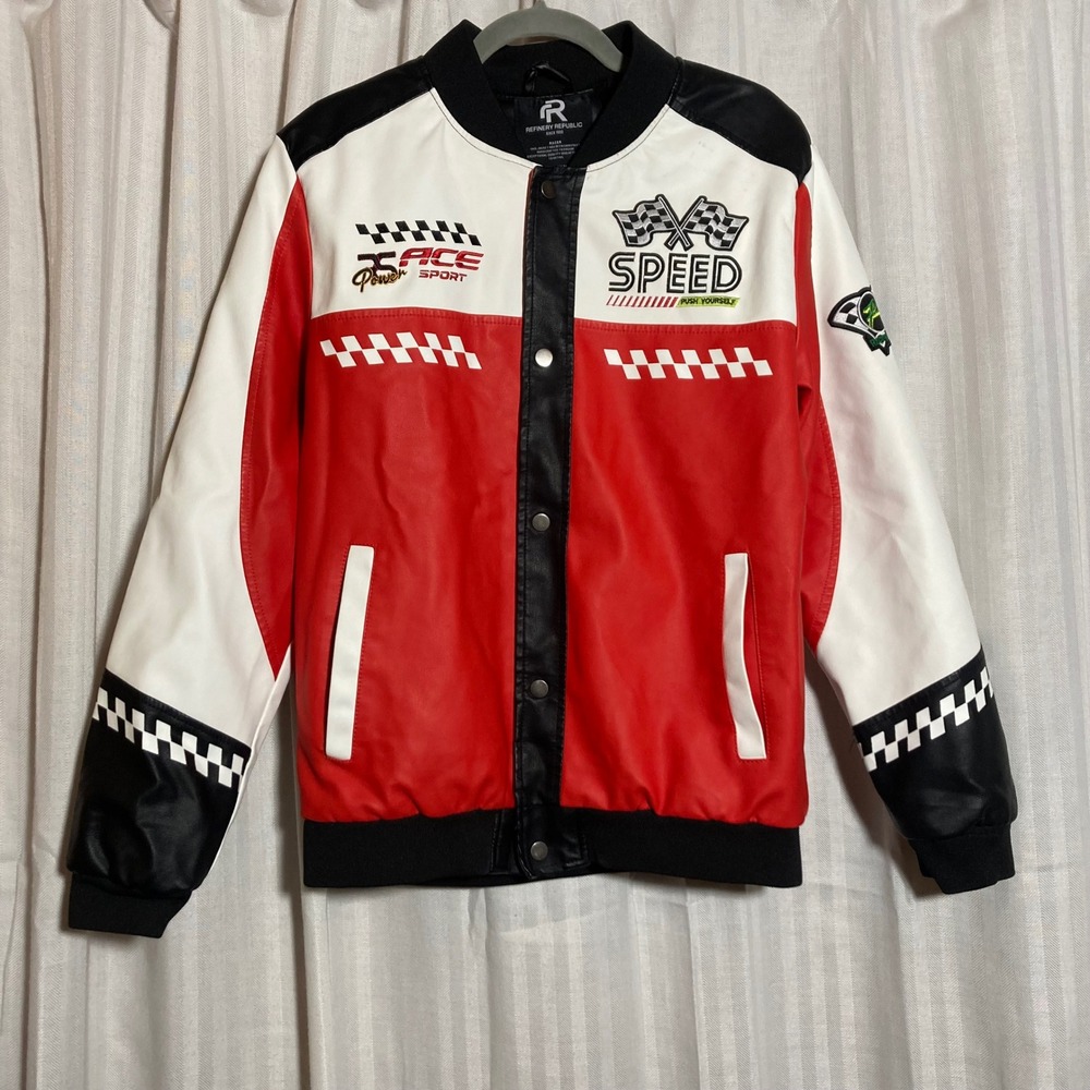 Refinery Republic Racer Jacket Mens Medium Red Faux Leather Racing Bomber *Read*
